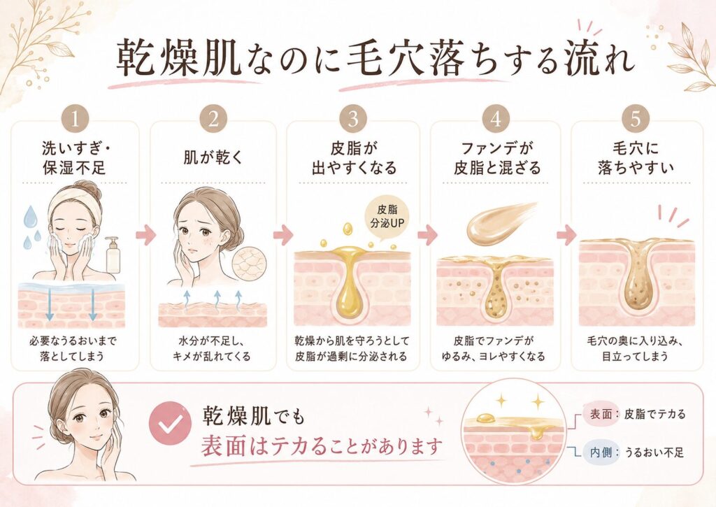 洗いすぎや保湿不足で肌が乾き、皮脂とファンデが混ざって毛穴落ちするまでの流れを示した図解