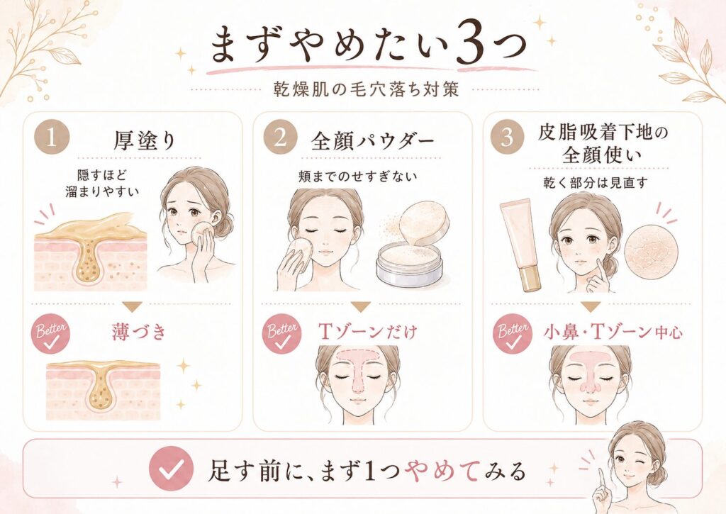 乾燥肌の毛穴落ち対策として、厚塗り・全顔パウダー・皮脂吸着下地の全顔使いを見直す図解