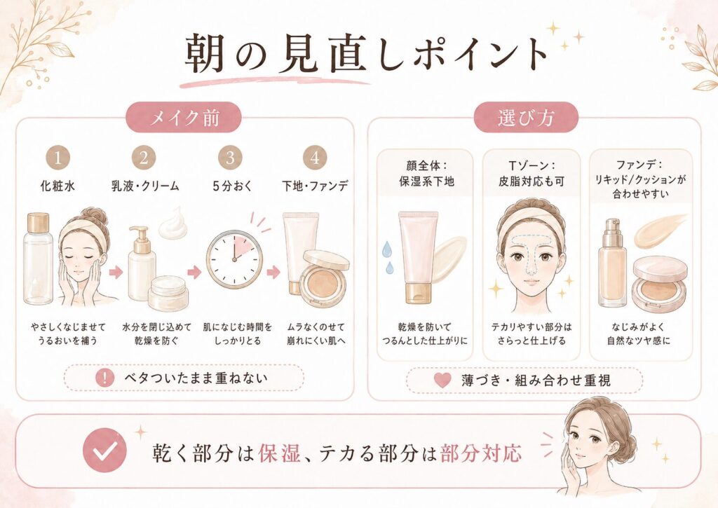 乾燥肌向けのメイク前スキンケア手順と、保湿系下地やファンデーションの選び方をまとめた図解