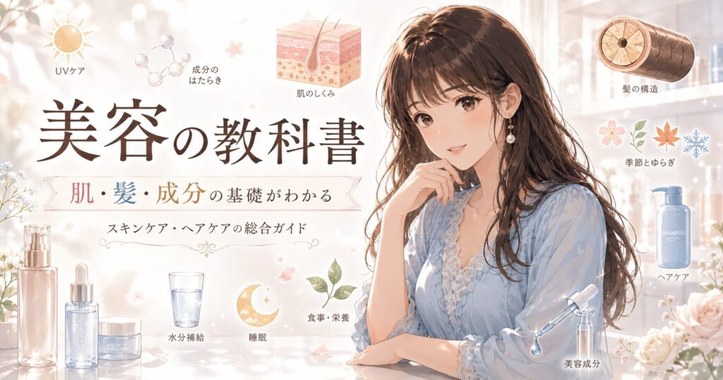 水色の服を着たみおと、肌の構造・髪の構造・美容成分・UVケア・季節・睡眠・栄養のイラストを配置した「美容の教科書」のアイキャッチ画像