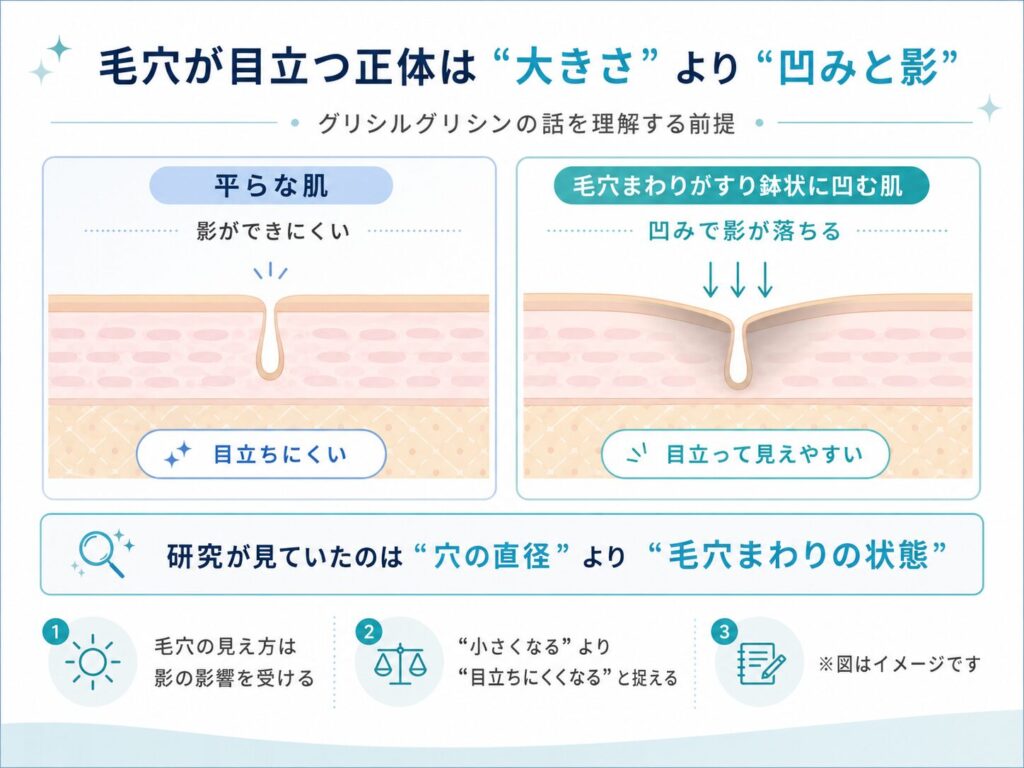 毛穴が目立つ仕組みを示した断面図。平らな肌と毛穴周囲がすり鉢状に凹んだ肌を比較し、凹みによる影が毛穴を目立たせる様子を解説