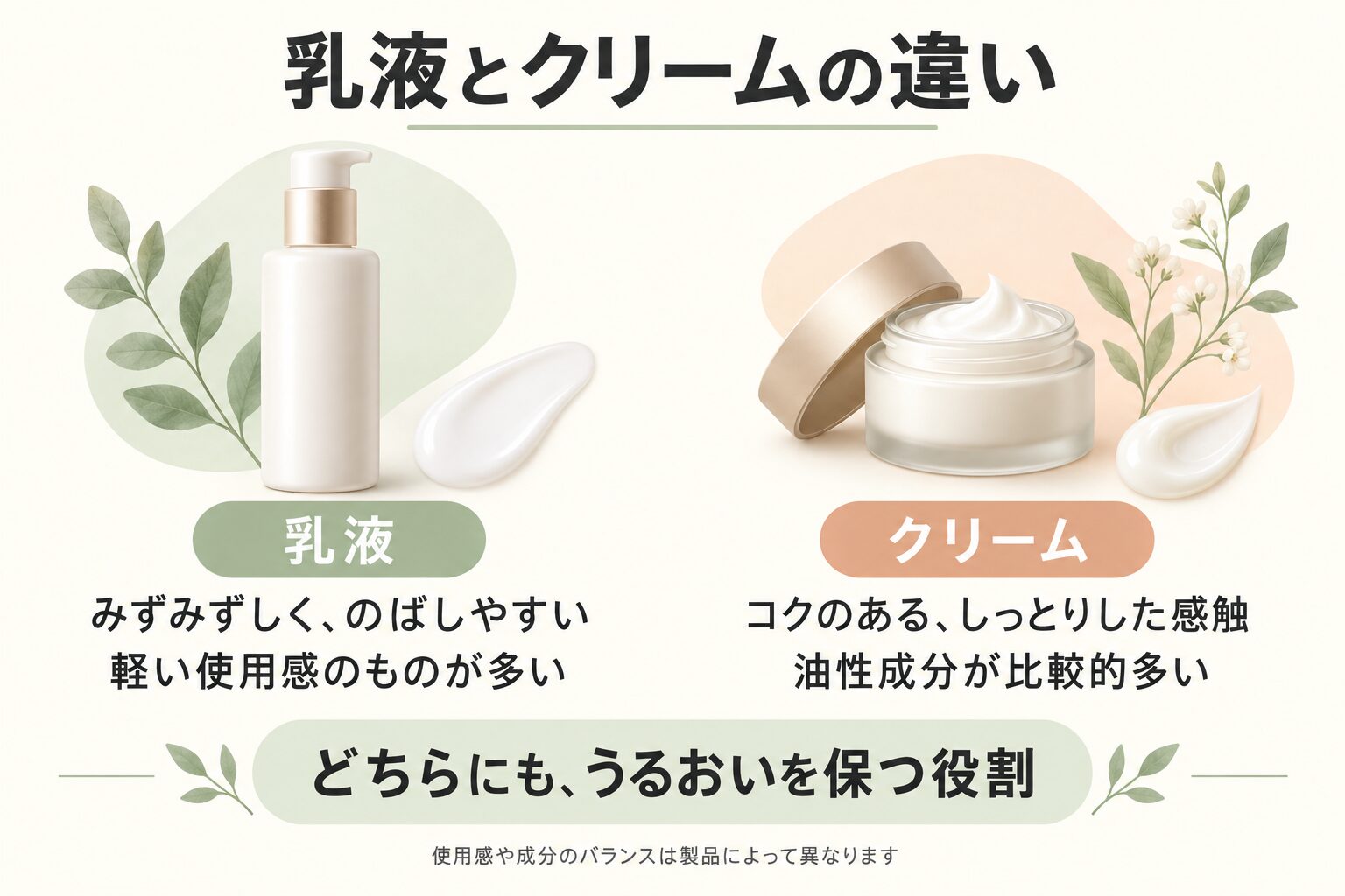 乳液はみずみずしくのばしやすいものが多く、クリームはコクのある感触で油性成分が比較的多い。どちらにも保湿の役割がある。